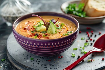 Chicory vegetable cream soup in purple bowl with red spoon on gray dish