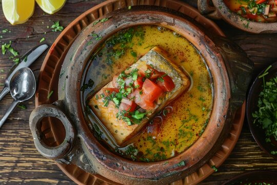 Chilean cuisine Congrio fish soup in clay bowl overhead shot