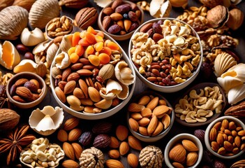Naklejka premium overflowing bowl assorted nuts healthy snack mix ceramic dish, almond, walnut, pecan, hazelnut, cashew, pistachio, brazil, macadamia, peanut, shell, crunchy,