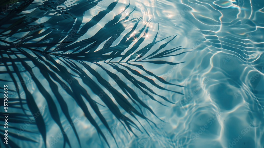 Poster a palm leaf casts a striking shadow across the surface of a calm, blue pool, creating an abstract pa