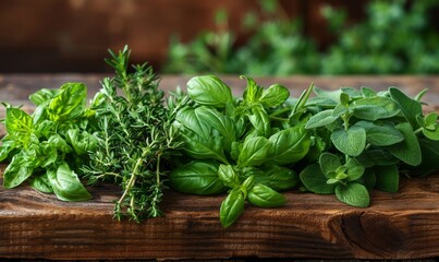 Freshly picked herbs on a table