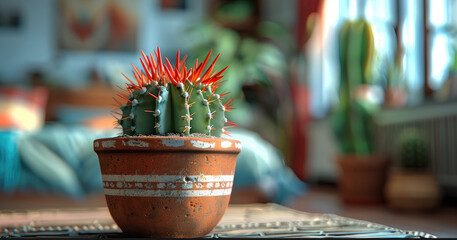 Cactus with red and white stripe peppermint candy needles, in brown pot, on nightstand in bedroom. Generative AI.