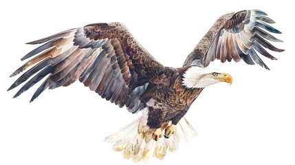 Obraz premium Soaring bald eagle. Color, realistic, art portrait of a soaring bald eagle on a white background in a watercolor style. 