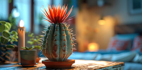 Cactus with red and white stripe peppermint candy needles, in brown pot, on nightstand in bedroom. Generative AI.