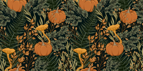 Halloween Seamless Pattern with Poisonous Mushrooms, Forest Plants and Pumpkins, Hand Drawn Vector Illustration. Design for fabric and wallpaper.