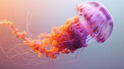 Fototapeta premium In pink and orange color, small flying woman-jellyfish on transparent background. Generative AI.