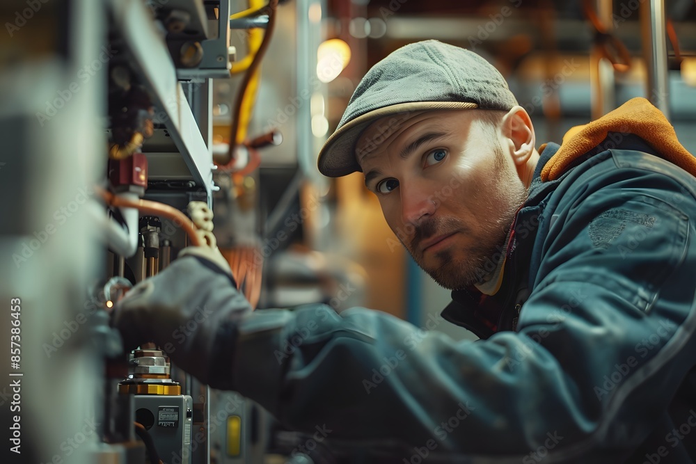 Aufkleber man in cap and jacket operates machine