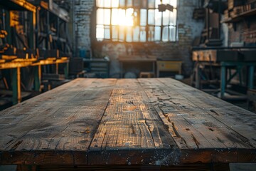 Wooden table in factory with sun shining through window