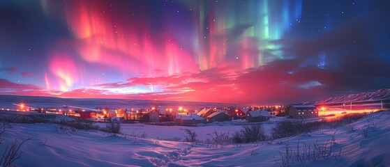 Spectacular sky with colorful northern lights and scattered clouds over a snowy landscape, creating a mesmerizing and otherworldly atmosphere, Astrophotography, long exposure,