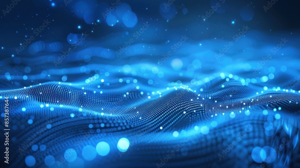 Poster a blue digital wave background with bokeh effect, creating a futuristic and abstract design.