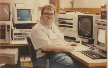 verweight man with short hair and glasses sitting in front of his old computer from the early 1980s. He is wearing blue jeans and a white shirt.