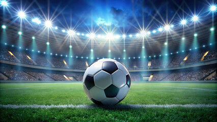 Obraz premium soccer ball lies on the grass against the background of a football stadium and stands, match, sport, competition, world cup, european cup, championship, spotlights, sky, markings, game, victory, team