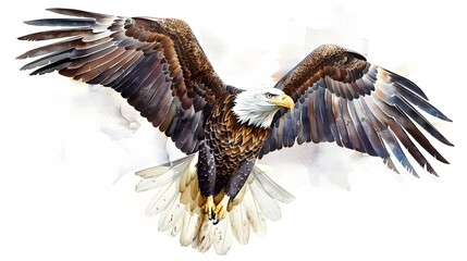 Soaring bald eagle. Color, realistic, art portrait of a soaring bald eagle on a white background in a watercolor style. 