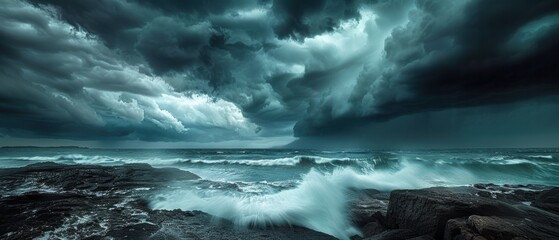 Stormy sky over a rocky coastline, with dark clouds and rough waves creating a powerful and dramatic seascape, Photography, shot with a telephoto lens,