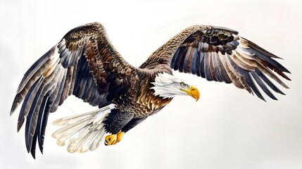Obraz premium Soaring bald eagle. Color, realistic, art portrait of a soaring bald eagle on a white background in a watercolor style. 