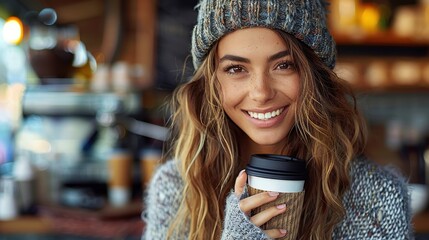A cheerful woman wearing a knit hat and sweater, smiling warmly as she holds a to-go coffee cup, standing in a cozy, dimly-lit café environment with bokeh lights.