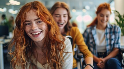 Fototapeta premium A photo capturing three women with red hair, smiling and enjoying themselves in a modern and bright office setting, exuding joy and camaraderie.