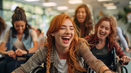 Obraz premium A vibrant group of friends, including one in a wheelchair, sharing joyous laughter and bonding in a well-lit, cheerful indoor setting filled with positive energy.