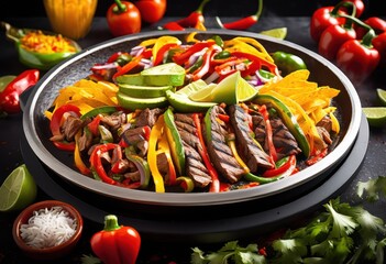 sizzling fajitas rising steam hot mexican cuisine food, sizzle, plate, meat, vegetables, peppers, onions, seared, aromatic, traditional, skillet, cast, iron