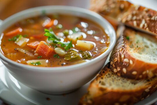 Closeup of Minestrone soup and whole wheat turkey sandwich