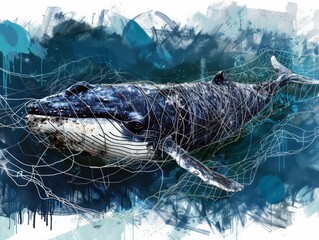 A sad whale caught in abandoned fishing gear floating in the ocean.
