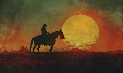 Naklejka premium A vintage-style digital art piece featuring a lone cowboy riding his horse at dusk, with warm, nostalgic tones evoking the classic Western era