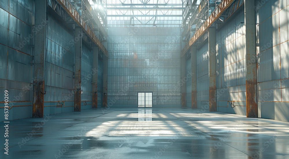 Poster Large empty storehouse. Generative AI.