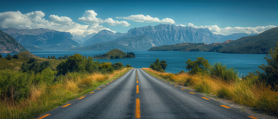 Perspective road with a beautiful view of a lake and mountains
