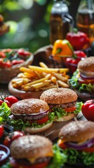 Fototapeta premium Burger meal with fries and vegetables in an outdoor setting, vibrant and appetizing food concept