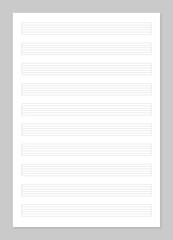 music score pentagram notebook page realistic with shadow on a transparent backgroun