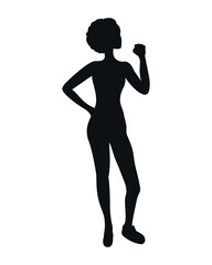 Female silhouette with raised fist. Strong woman. Vector illustration