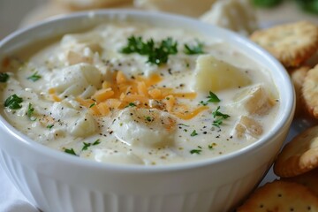 Fototapeta premium Creamy fish chowder with haddock cod potato onion and parsley served with soda crackers