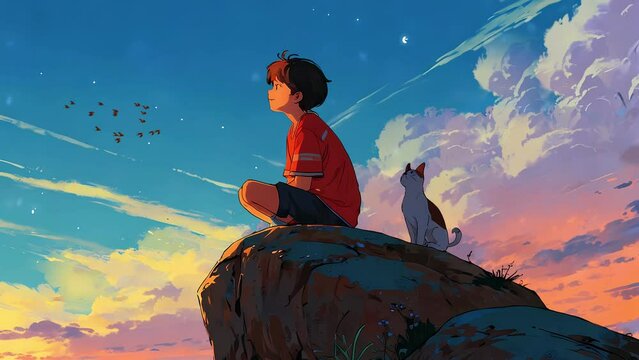 A boy sitting to enjoy the sunset at the top of a mountain with his  cat, Alone boy with Kitty,lofi loop animation, looping video