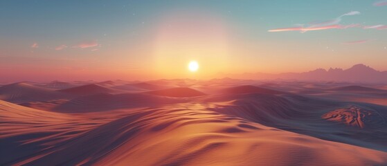 Sunset over a desert with sand dunes and a clear sky,