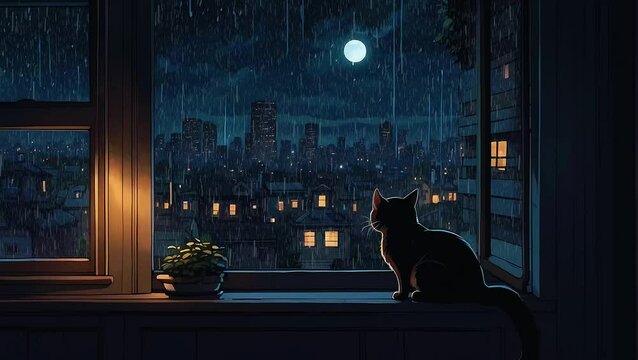 Relaxing Lofi Loop Animation with Rainy Night Cityscape Infront of kitty Calm Study Music Video