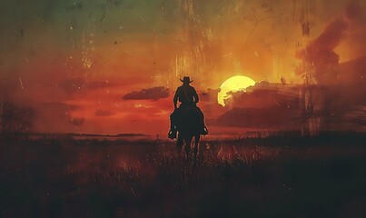 Fototapeta premium A vintage-style digital art piece featuring a lone cowboy riding his horse at dusk, with warm, nostalgic tones evoking the classic Western era