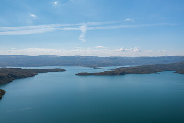 Aerial view of mountains and dam on the Rio Grande, in Pedregulho, Sao Paulo