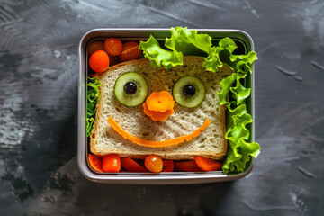 Overhead view of a childs school packed lunch made into a cute smiling face