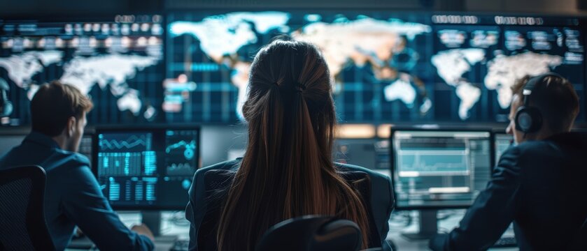 Team of cybersecurity experts analyzing threat reports in a control room