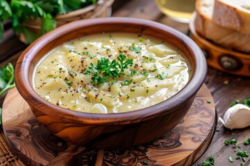Delicious potato leek soup in bowl on wood board