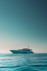 Luxury yacht cruising on the sea. Summer travel and vacation concept. Traveling and yachting. Front view. Nautical travel and adventure concept. Minimalistic poster with copy space