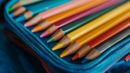 Fototapeta premium Colorful Pencils in Blue Pencil Case for Back to School