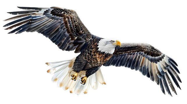 recommend clip art: Soaring bald eagle. Color, realistic, art portrait of a soaring bald eagle on a white background in a watercolor style. 
