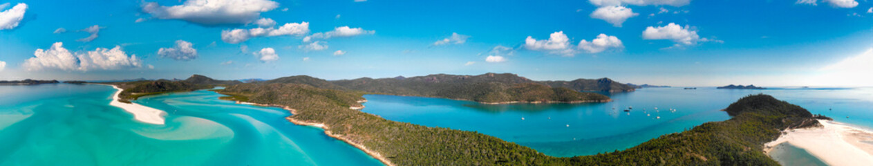 Whitehaven Beach aerial view. Panorama from a drone viewpoint. Whitsunday Islands, Australia