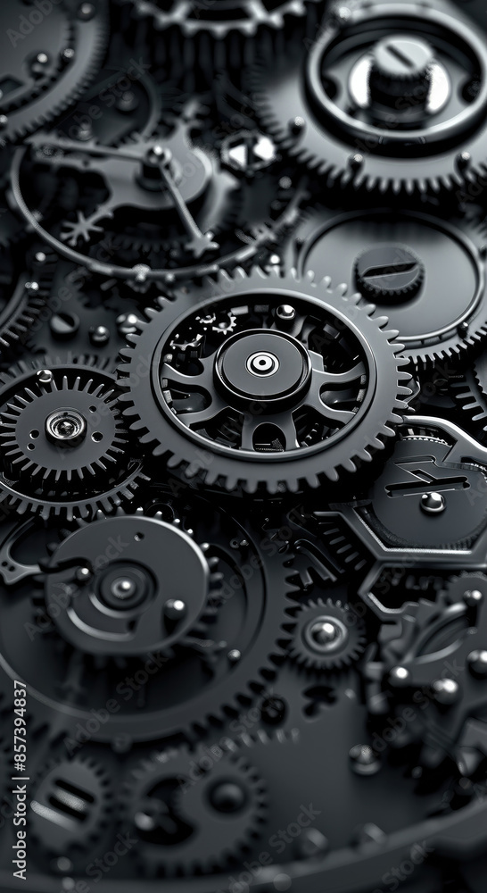 Poster the intricate details of the mechanism of a mechanical clock, plenty of gears, carbon black with som