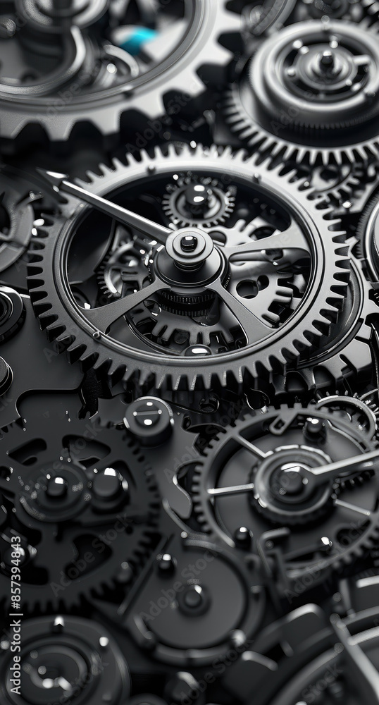 Poster the intricate details of the mechanism of a mechanical clock, plenty of gears, carbon black with som