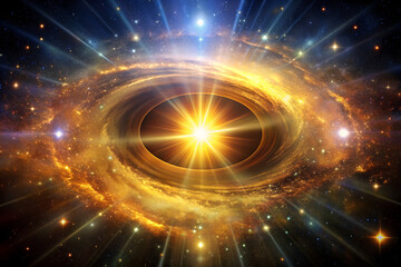 A golden and colorful light with zoom out center of the image, the background is in a dark cosmic,
