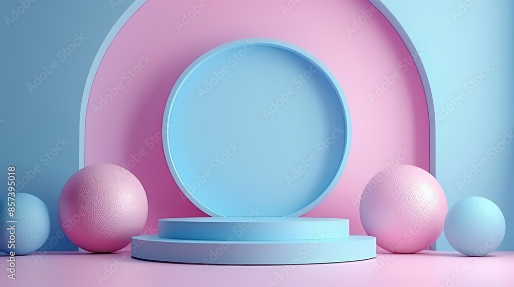 Poster pastel blue and pink setting with geometric shapes, featuring a circular platform and textured spher