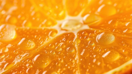 Closeup slice of orange fruit with water droplets texture background