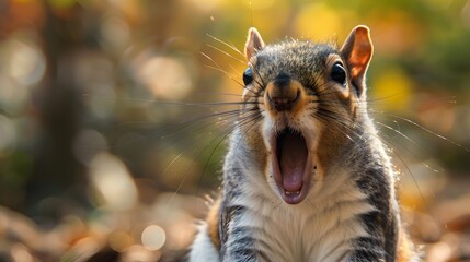 Obraz premium Close up of a grey squirrel yawning. 